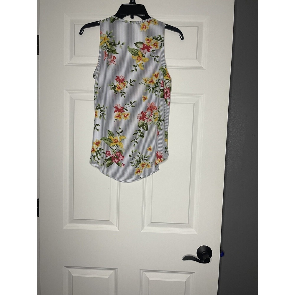 Lush V Neck Floral Striped Tank Top blouse blue multi small - Picture 2 of 2